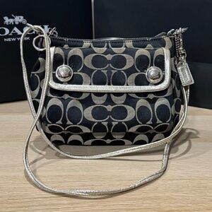 Coach Poppy Signature Pleated Crossbody Bag in Black/Grey Metallic Silver
